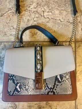ALDO Cream, Brown & Black Snake-Print Top Handle Satchel with Chain Accent